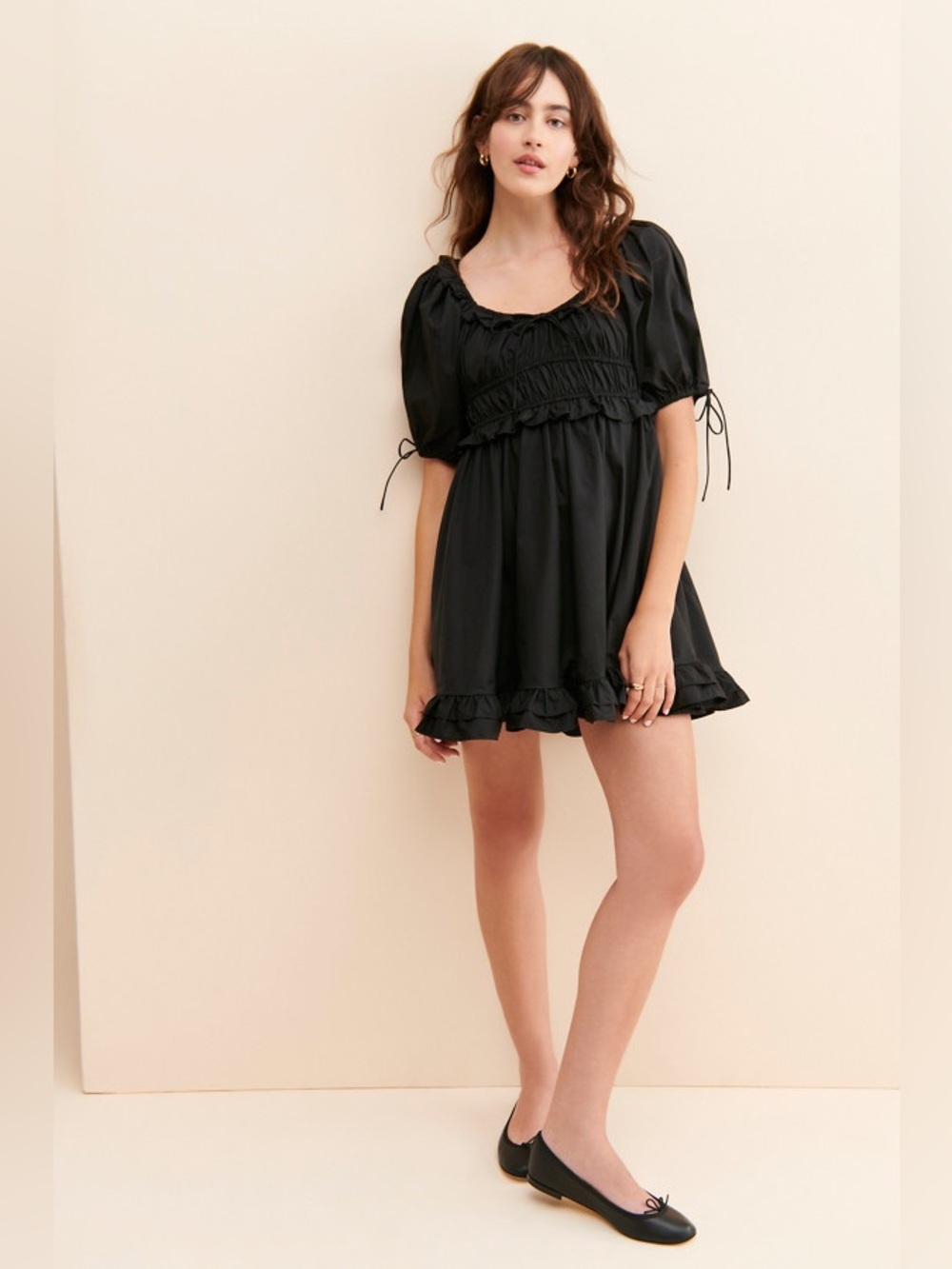 Anthropologie En Saison Puff-Sleeve Babydoll Mini Dress with Ruffled Hem Size S